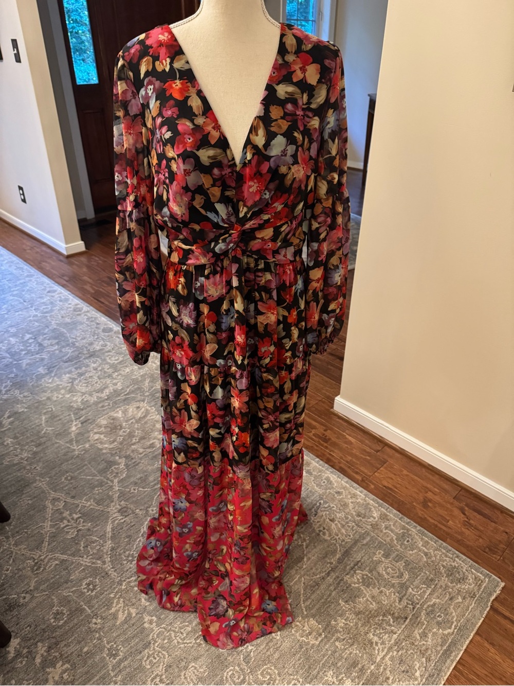 Vince Camuto Floral V-Neck Long Sleeve Maxi Dress in Black and Red. Beautiful!